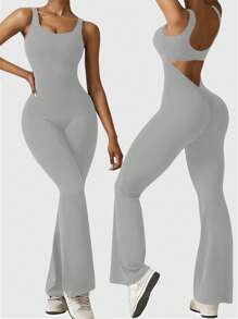 Speed mate 女士无袖露背瑜伽连体裤 - 淺灰色 - 查看 3