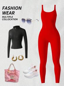 Yefecy 女士连体裤内置胸罩方领罗纹紧身运动无缝紧身裤连体衣塑身衣 - 紅色 - 查看 7