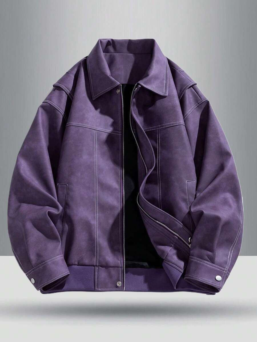 Men's Fashionable Casual Jacket With Side Pockets And Button Cuffs, Soft And Comfortable Faux Leather Jacket For Autumn - Purple - View 1