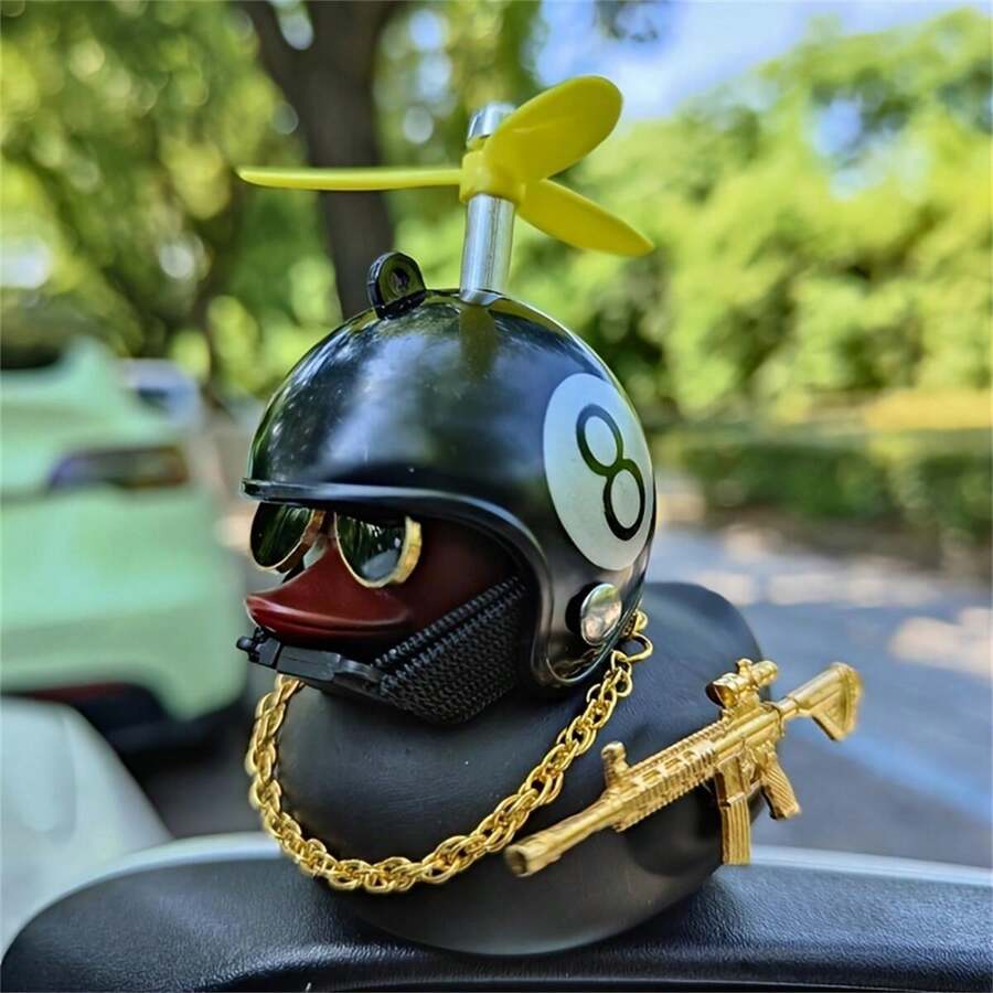1pc Cool Duck Car Dashboard Decoration With Propeller Helmet, Metal Gun And Sunglasses - Made Of PVC Material - Car Interior Decor Accessory - Ideal Gift For Duck Lovers