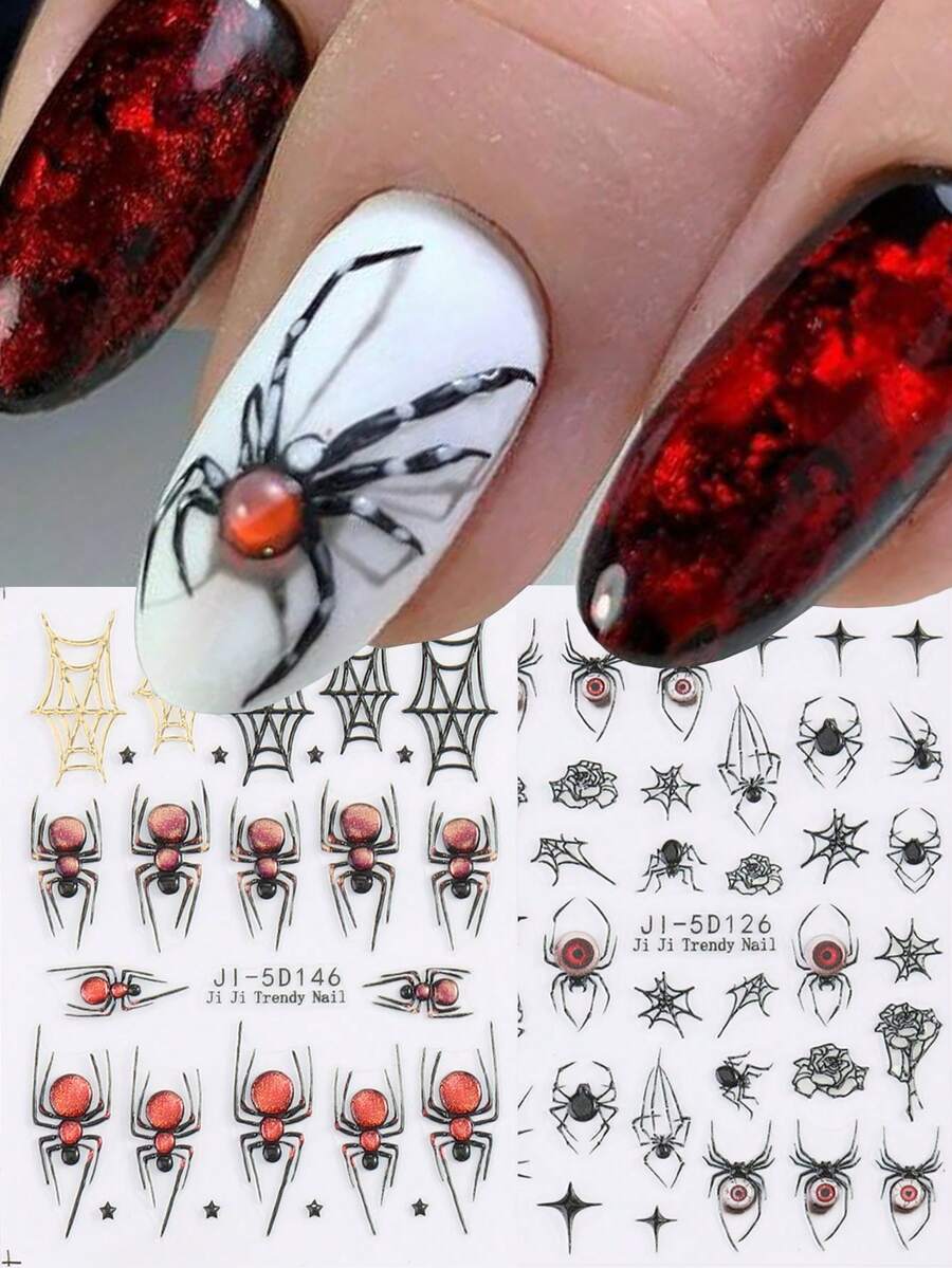 2 张蜘蛛指甲贴纸蜘蛛网星星 Y2K 万圣节红紫黑蜘蛛法式指甲 3D 指甲贴花美甲纹身装饰用品 - 彩色 - 查看 1