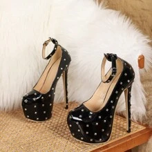 17cm High Heeled Gladiator Sandals 2025 Rome Metal Studded Open Toe Strappy Sandals For Women - Black - View 4