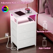 Superlele Bedside Table With Charging Station, LED Nightstand With USB Ports And Outlets, 3 Fabric Storage Drawers With PU Finish, Bed Side Table For Bedroom, Living Room, White - US B Type Plug(110-127V) - View 4