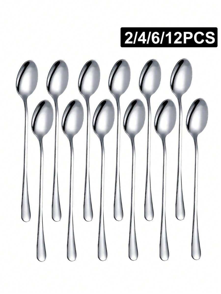 2/4/6/12pcs Stainless Steel Long Handle Ice Scoop, Mixing Spoon, Bartender Spoon, Suitable For Home, Cafe, Bar, Party Christmas Gift,School Supplies - Silver - View 1