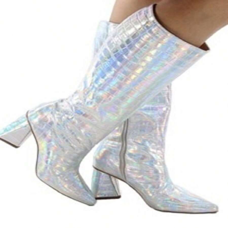 Women's Crocodile Boot With Thick Geometric Heel 7.5cm Pointed Toe Luxury Comfortable Non-Slip - 銀色全息鱷魚 - 查看 1