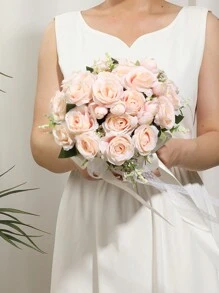 1 bó hoa cưới giả gồm hoa hồng, lúa mì và lá xanh, phụ kiện hoa ren cho cô dâu, phù dâu, chụp ảnh cưới ngoài trời, ngày Valentine, tiệc cưới. - Nhiều màu - Xem 11