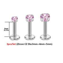 Set de 3 anillos nasales/pendientes de acero inoxidable hipoalergénico 16G con CZ transparente incrustado, rosca interna, para perforación de labio, cartílago, oreja, nariz, para mujeres y hombres, en colores rojo, azul y rosa de 3mm, 4mm y 5mm