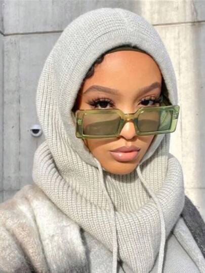 1pc Winter Women Hooded Scarf Hats Crochet Solid Color Knitted Pullover Drawstring Balaclava Winter Warm Hat Beanie Bombers Cap