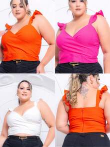 Kit 2 Plus Size Women's Cropped Top Blouse With Lycra Summer - Orange - View 3