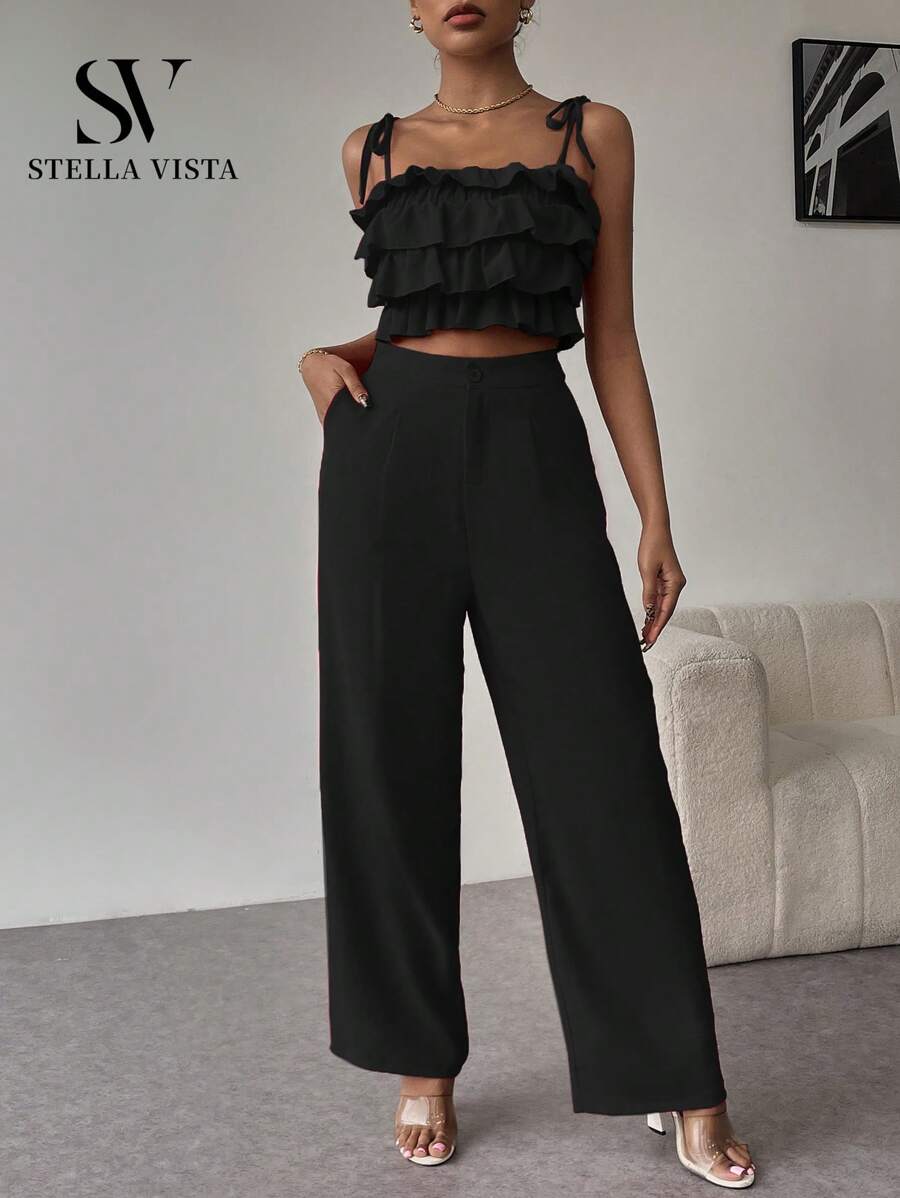 SV Women's Elegant Vacation Outfit Featuring A Tiered Ruffled Blouse And Casual Dress Pants, Consisting Of A Strapless Ruffled Top And Flared Pants. - 黑色 - 查看 1