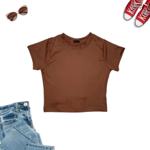 Kit 2 Cropped Basic Suplex Blouse Plain Short Sleeve Various Colors - 1 Brown 1 White - View 3