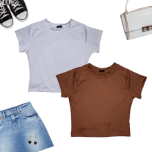 Kit 2 Cropped Basic Suplex Blouse Plain Short Sleeve Various Colors - 1 Brown 1 White - View 1