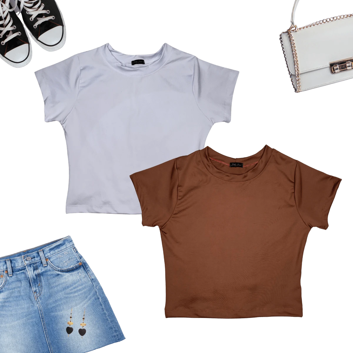 Kit 2 Cropped Basic Suplex Blouse Plain Short Sleeve Various Colors - 1 Brown 1 White - View 1