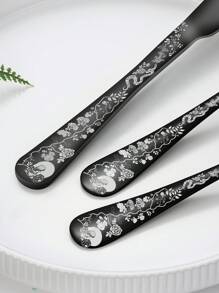 Bộ dao kéo bằng thép không gỉ 5/20 món thiết kế hình đầu lâu đen Gothic và hoa hồng, bao gồm dao ăn tối/nĩa ăn tối/thìa ăn tối/thìa tráng miệng và nĩa tráng miệng, quà tặng lý tưởng cho lễ Halloween, Ngày của người chết, Giáng sinh, Lễ tạ ơn. - màu đen - Xem 3