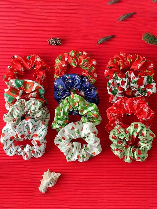 12pcs/Set Christmas Hair Scrunchies, Colorful Hair Decor Hair Ties Elastic Seamless Hair Bands Hair Rings For Women, Suitable For Christmas