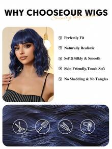 Blue Short Curly Bob Wigs With Bangs For Women 12 Inch Synthetic Curly Bob Wig For Girl Natural Looking Summer Daily Party Cosplay Halloween Use Colorful Wigs - 藍色 - 查看 6