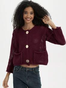 Áo khoác cardigan nữ dáng rộng, tối giản, đa năng, đính cúc kim loại, chất liệu dệt kim dày dặn, phù hợp cho mọi mùa. - Màu Đỏ Sâu - Xem 9