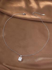 1 件欧美流行彩色锆石镶嵌方形吊坠项链，简约奢华女士项链 - 銀色 - 查看 7