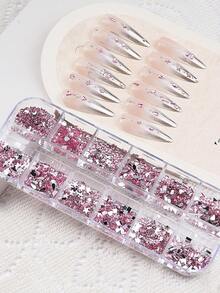 12 格粉色美甲水钻搭配平底树脂美甲饰品，心形蝴蝶结新月花朵蝴蝶形状美甲树脂珠宝饰品适用于美甲沙龙，多形状美甲水钻平底水晶夏季色彩设计，是送给女孩和女士的绝佳礼物 - 彩色 - 查看 3