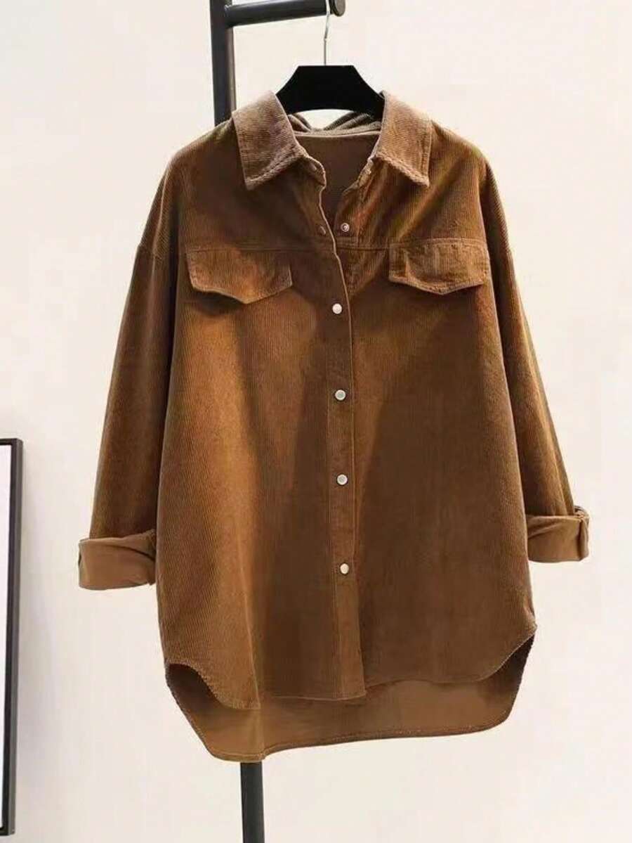 Áo sơ mi nữ tay dài hở vai màu trơn, đơn hàng thường ngày, mùa thu - màu nâu - Xem 1