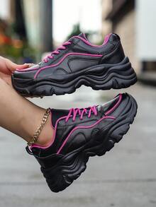 2023 年新款时尚百搭女士休闲防滑舒适高跟厚底鞋，经久耐用，适合户外散步 - 黑色 - 查看 4