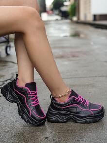 2023 年新款时尚百搭女士休闲防滑舒适高跟厚底鞋，经久耐用，适合户外散步 - 黑色 - 查看 5