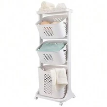 3 Tier Laundry Basket Washing Hamper Bathroom Rolling Cart Organizer Shelf Clothes Storage Bin With 4 Wheels,Laundry Hamper, Plastic Storage Basket, Double-Layer Large Dirty Clothes Hamper For Home, Bathroom Organization And Laundry Basket. - 白色帶輪 - 查看 6