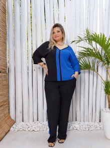 Maison Raglan Sleeve Blouse And Plus Size Trousers Summer Set - azul real - Ver 2