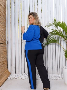 Maison Raglan Sleeve Blouse And Plus Size Trousers Summer Set - azul real - Ver 1