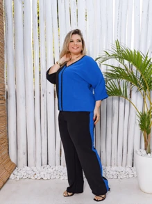 Maison Raglan Sleeve Blouse And Plus Size Trousers Summer Set - azul real - Ver 5