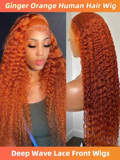 Ginger Orange 32 polegadas Deep Wave Lace Front Wigs Cabelo humano 13x4 Lace Front Ginger Wigs Cabelo humano 180% Densidade Transparente Lace Frontal Cabelo humano Perucas cacheadas 14-32 polegadas Pré-arrancadas com cabelo de bebê
