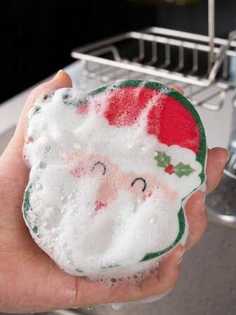 1pc Cartoon Santa Claus Printed Dish Cloth, Multi-Purpose Cleaning Sponge, Christmas Decoration,Kitchen,Bathroom,Home,Household Supplies