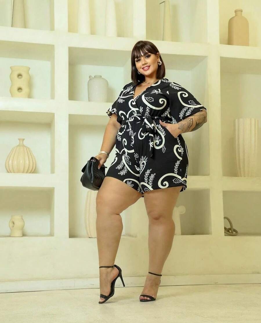 Women's Tulip Sleeve Printed Romper - 黑色 - 查看 1