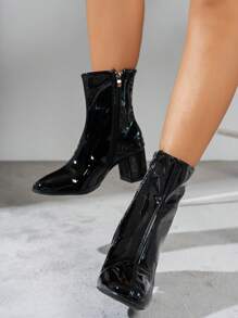 大码女式黑色漆皮侧拉链高跟短靴，适合工作装，时尚简约风格，粗跟切尔西靴，户外修身短筒优雅踝靴