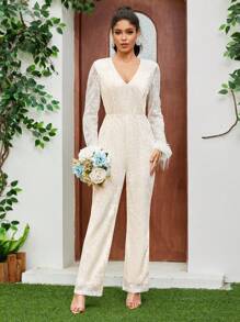Damen Braut Hochzeit andere Outfits Feder Manschette Langarm V-Ausschnitt Hohe Taille eleganter Spitzen-Jumpsuit, Weiß