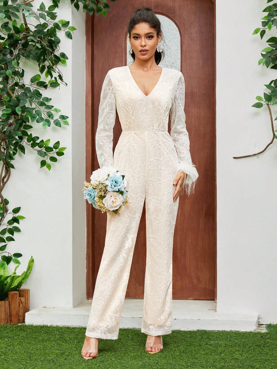 Damen Braut Hochzeit andere Outfits Feder Manschette Langarm V-Ausschnitt Hohe Taille eleganter Spitzen-Jumpsuit, Weiß
