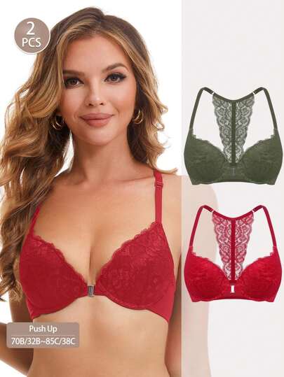 2pcs Front Closure Push Up Lace Bras For Women, Smooth Ultra Light T-Shirt Bralettes For Women, Women's Lace Racerback Push Up Bra, Women's Lingerie, Underwire