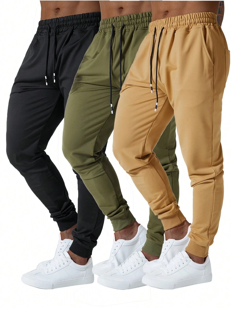 3 Pcs Men Jogger Sweatpants Slim Fit Elastic Drawstring Deep Side Pockets Athletic Track Pants For Gym Running Workout - Đen + Xanh quân đội + Khaki - Xem 1
