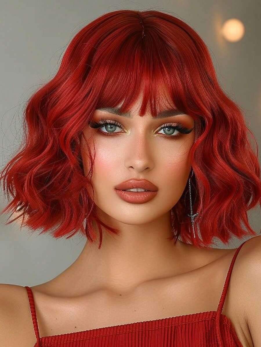 12-Inch Red Short Curly Bobbed Wig With Bangs, Synthetic Curly Bobbed Wig Suitable For Girls, Natural Appearance, Suitable For Daily Wear, Parties, Cosplay And Other Occasions (Please Note The Wearing And Maintenance Methods, The Actual Product Color May Differ Slightly From The Picture Due To Lighting And Angle During Shooting) - Red - View 1