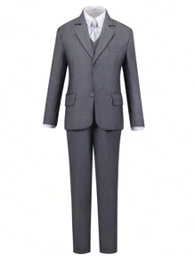 男童三件套西装，幼儿燕尾服套装，花童西装，婚礼西装外套，裤子，背带，儿童正装，灰色，尺码 4-16 岁 - 灰色 - 查看 6