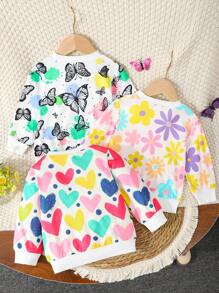 3 件套花卉印花长袖圆领运动衫女童休闲 T 恤上衣适合女婴春秋季