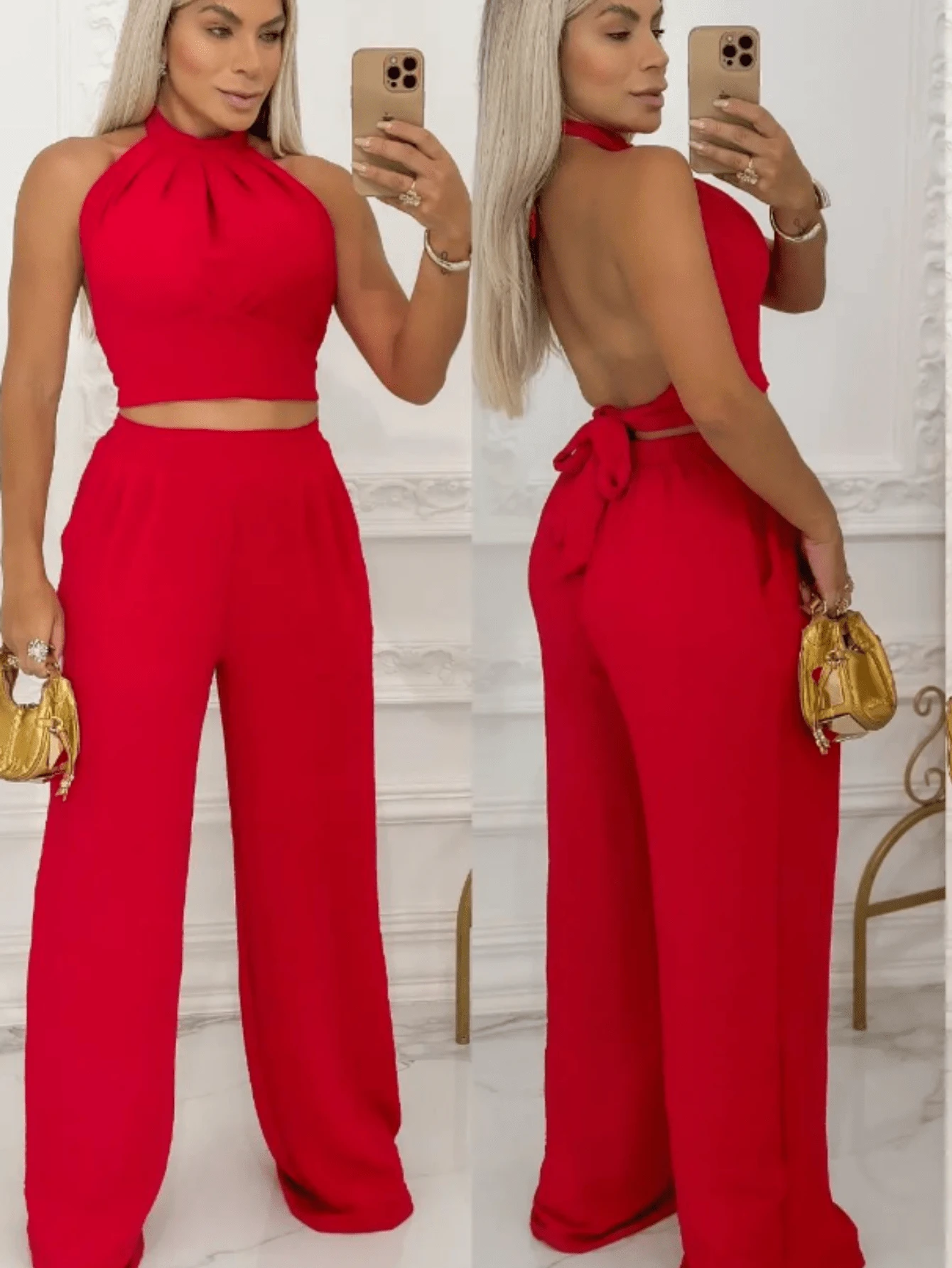 Women's Duna Cropped Set And Palazzo Pants, Summer Model - 紅色 - 查看 1