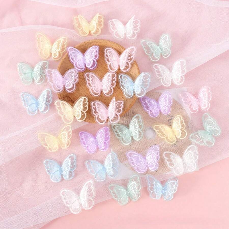 10pcs/50pcs Cute Double Layer Embroidered Butterfly DIY Jewelry Accessories, Lace Butterfly Trims For Clothing, Headdress Supplies, Wedding Dress, Cake Decor - Multicolor - View 1