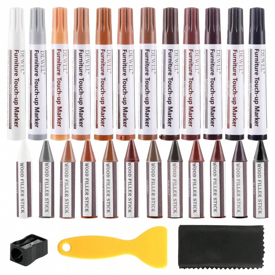 DEWEL Wood Furniture Repair Set, 27 Pcs Wood Floor Furniture Repair Kit With 12 Colors Wood Repair Markers And Touch Up Fillen Sticks - For Repairing Scratches, Stains, Cracks, Holes, Floors, Tables - multicolor - View 1