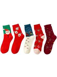 5prs/Pack Unisex Snowman & Deer Patterned Knee-High Socks, Suitable For Party, Christmas Decoration, Daily Wear Or Gift, All Season