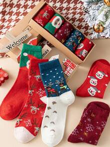 5prs/Pack Unisex Snowman & Deer Patterned Knee-High Socks, Suitable For Party, Christmas Decoration, Daily Wear Or Gift, All Season