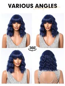 Blue Short Curly Bob Wigs With Bangs For Women 12 Inch Synthetic Curly Bob Wig For Girl Natural Looking Summer Daily Party Cosplay Halloween Use Colorful Wigs - 藍色 - 查看 8