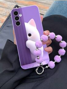 1 Stück lila TPU Schutzhülle mit schüchternem Katzen Muster und 1 Stück passendes lila Fellknäul Handgelenksband, kompatibel mit iPhones und Android Smartphones wie 15 Pro Max, A14, A54, A52, A31 4G, A23, Redmi Note 8 Pro, 11 Pro 4G, 12 4G, OPPO A54