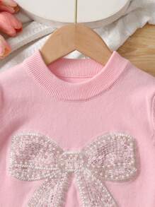 女孩年轻女孩可爱蝴蝶针织套头衫，适合春/秋/冬日常穿着 - 粉色 - 查看 2