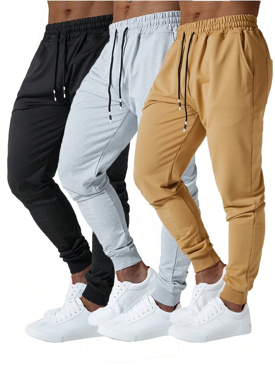 3 Pcs Men Jogger Sweatpants Slim Fit Elastic Drawstring Deep Side Pockets Athletic Track Pants For Gym Running Workout - Black+Lightgrey+Khaki - View 1